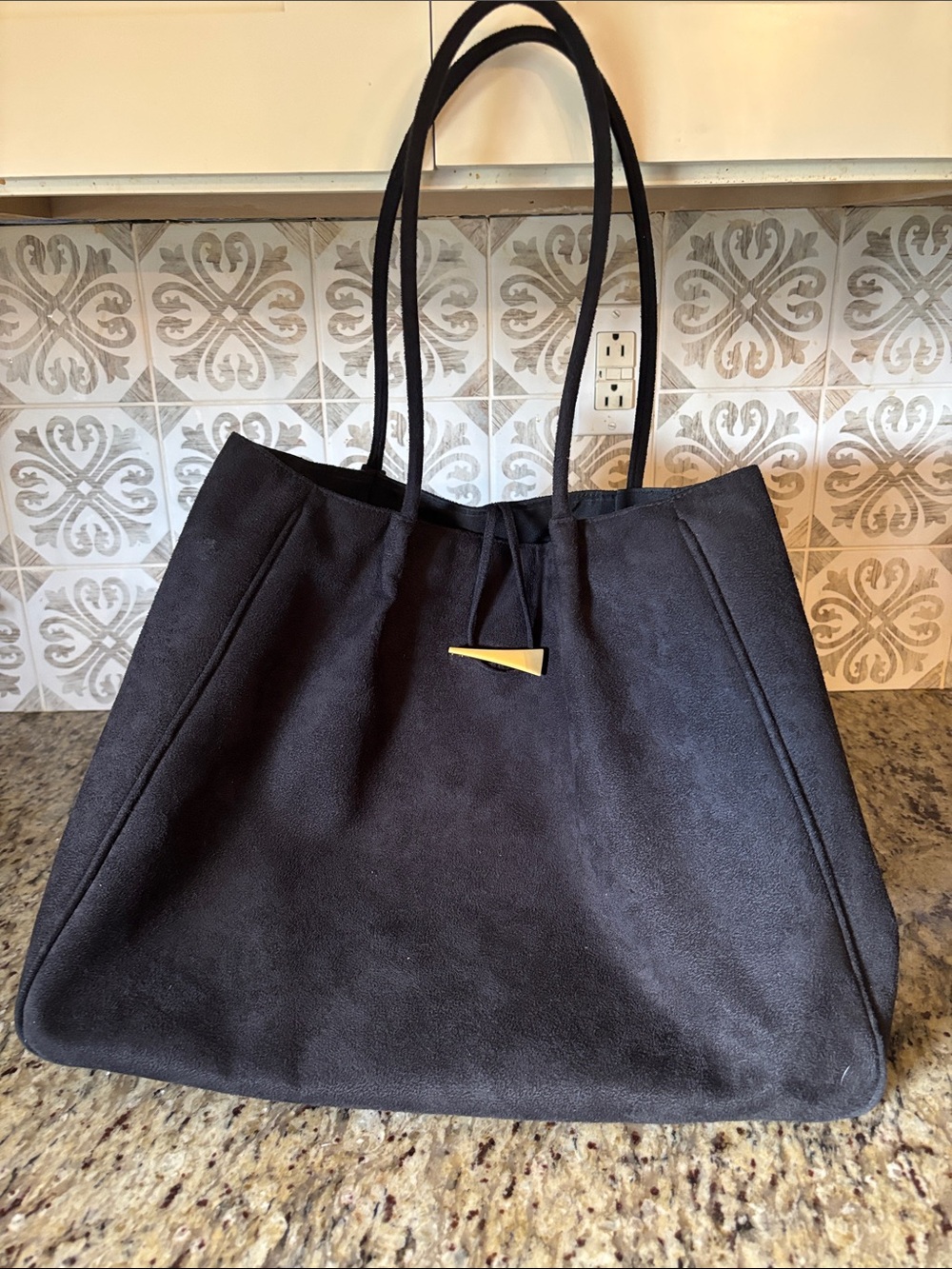 Donna Karen Black Suede Tote Bag with Gold Accent